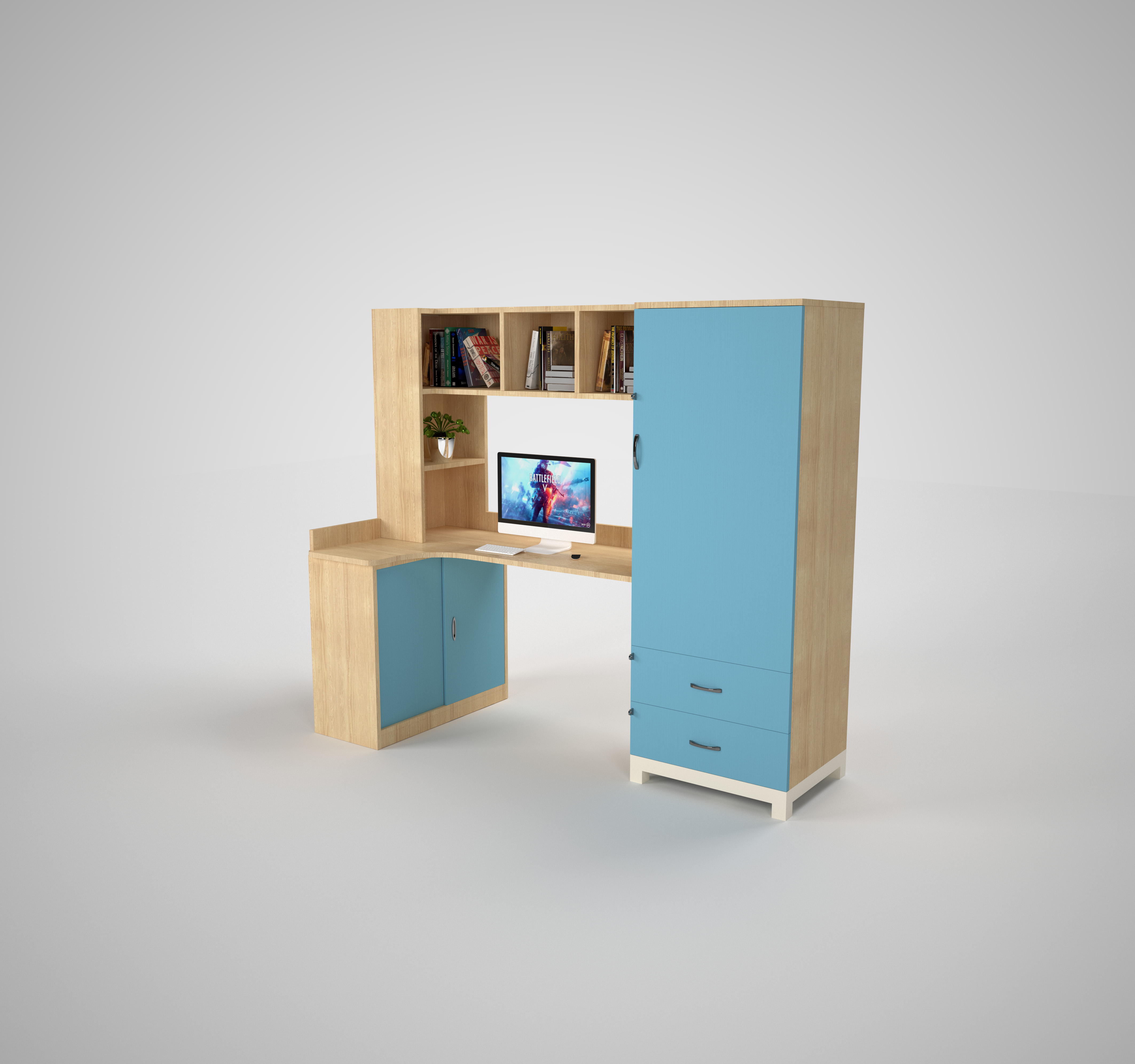 学生衣柜书桌组合柜儿童学习桌电脑桌多功能卧室大柜子中式风定制